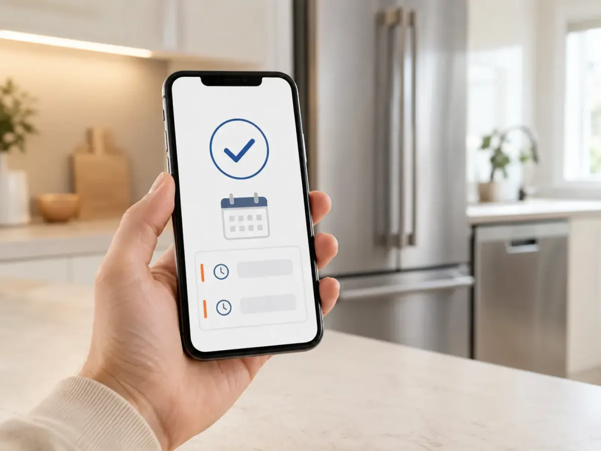 Booking confirmation on a phone in a kitchen